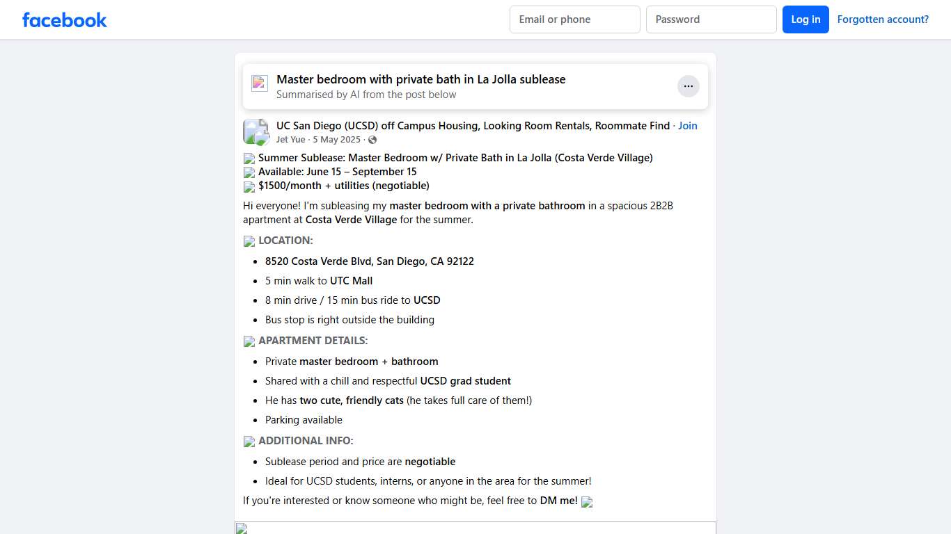 UC San Diego (UCSD) off Campus Housing, Looking Room Rentals, Roommate Find **🌞 Summer Sublease: Master Bedroom w/ Private Bath in La Jolla (Costa Verde Village)** Facebook