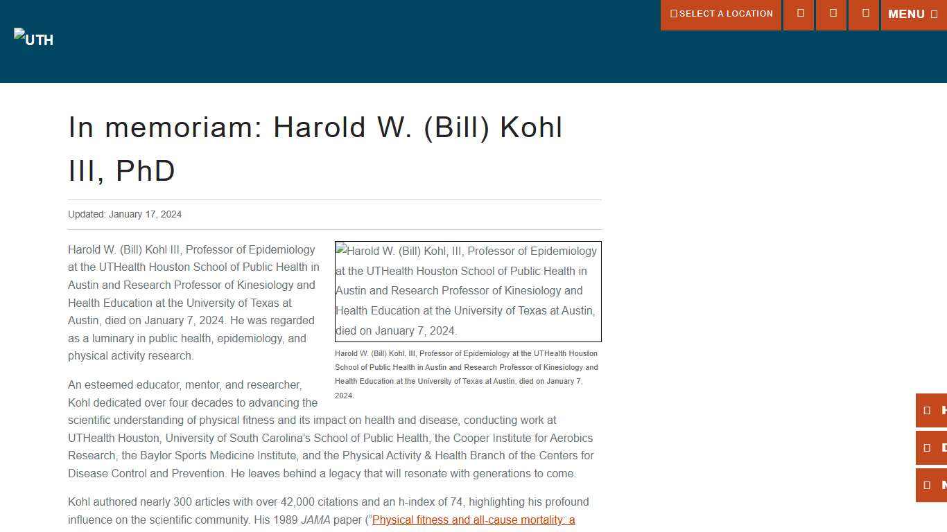 In memoriam: Harold W. (Bill) Kohl III, PhD - UTHealth Houston School of Public Health